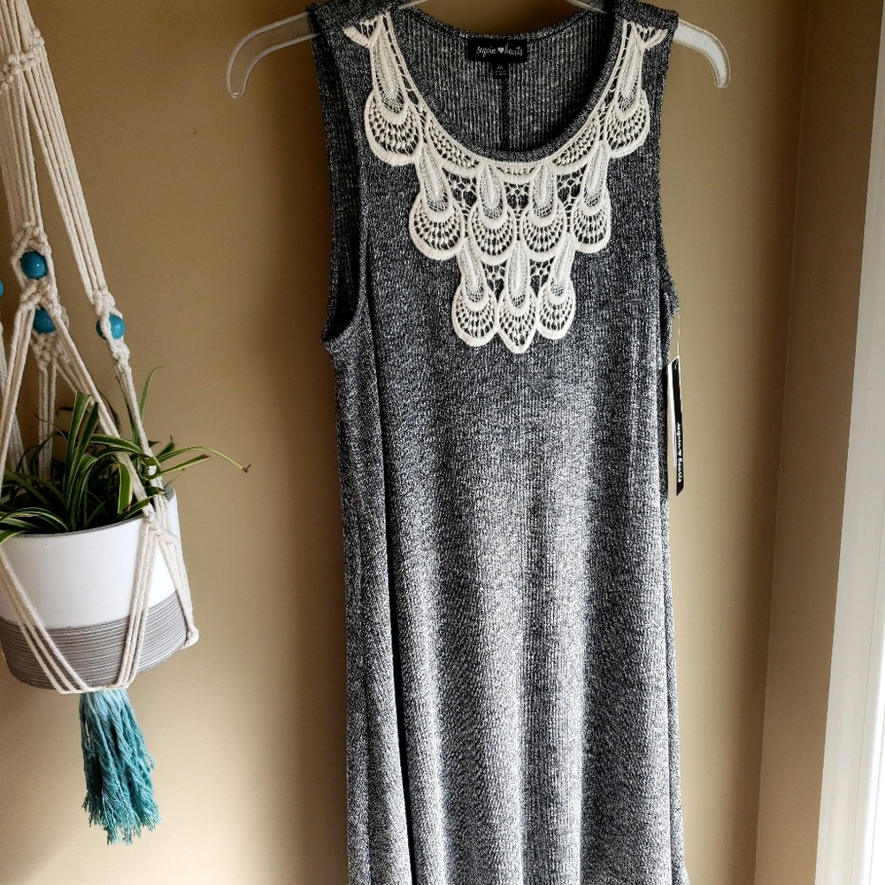 Grey Dress with Lace Neckline